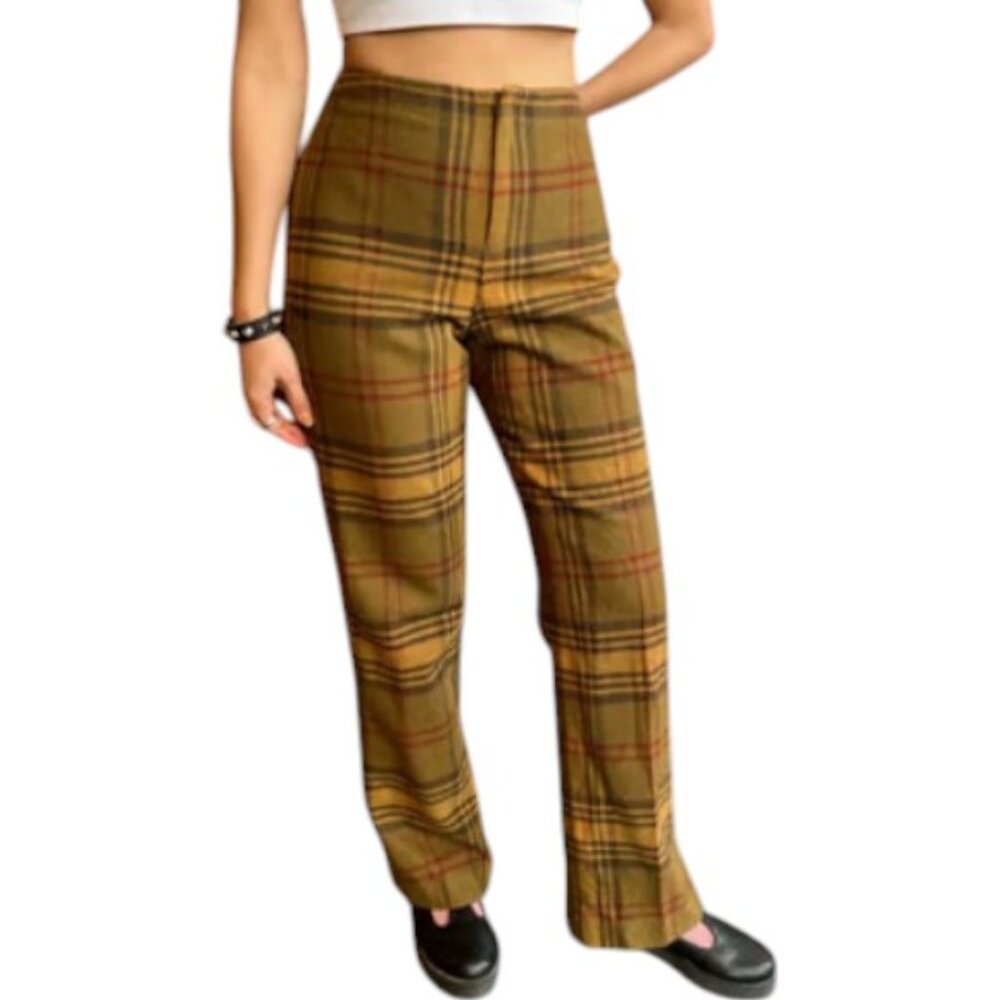 Nine West Plaid Straight Leg Pants - Brown and Yellow